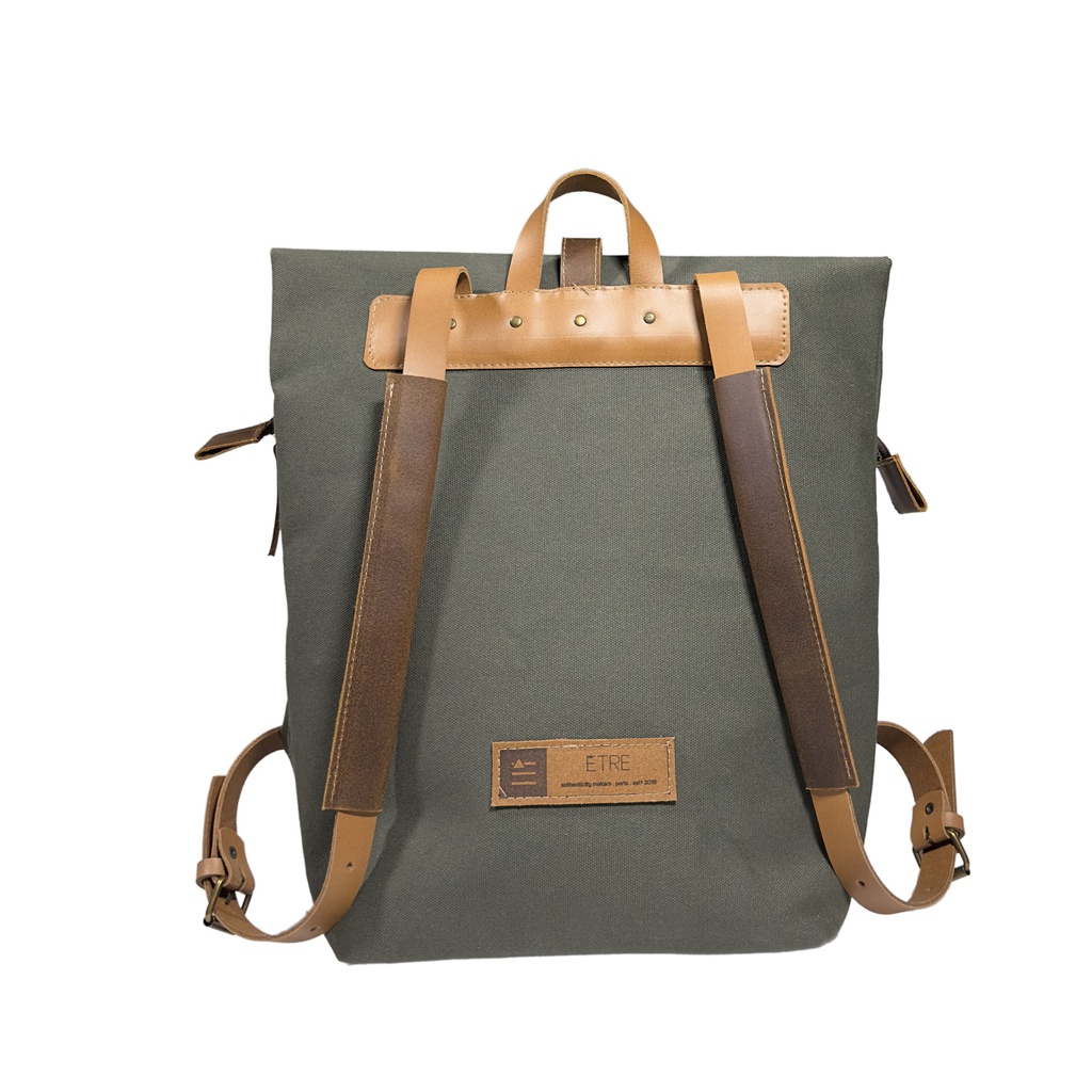 Waxed Canvas Backpack | 01 | - vert forêt foncé &amp; marron foncé