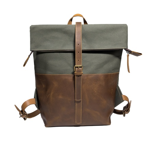 Waxed Canvas Backpack | 01 | - vert forêt foncé &amp; marron foncé